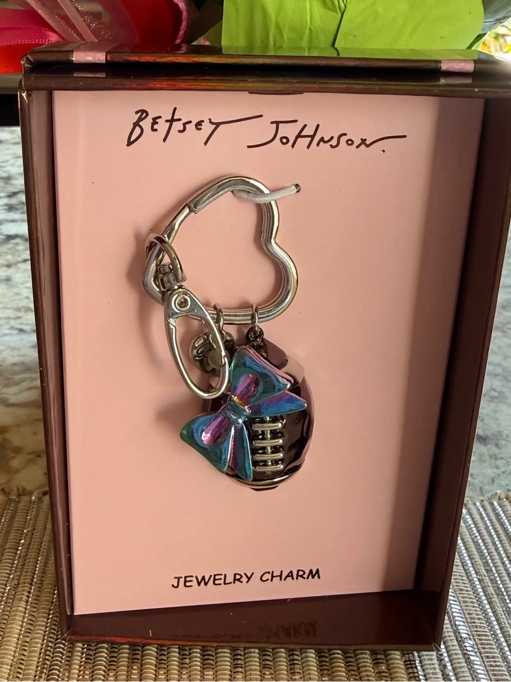 NEW BETSEY JOHNSON Metal Football Bow Fob Keychain Charm